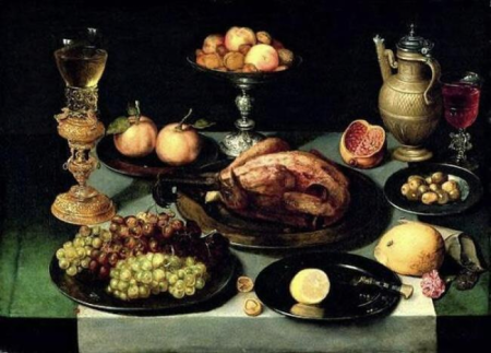 Still Life with Roast Chicken on a Laid Table with Grapes, a Bekerschroef, Tazza and Wine Flask, Gotthardt Wedig, circa 1630