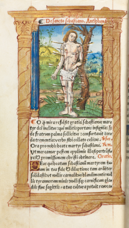 Printed Book of Hours (Use of Rome): fol. 102v, St. Sebastian, Guillaume Le Rouge, 1510