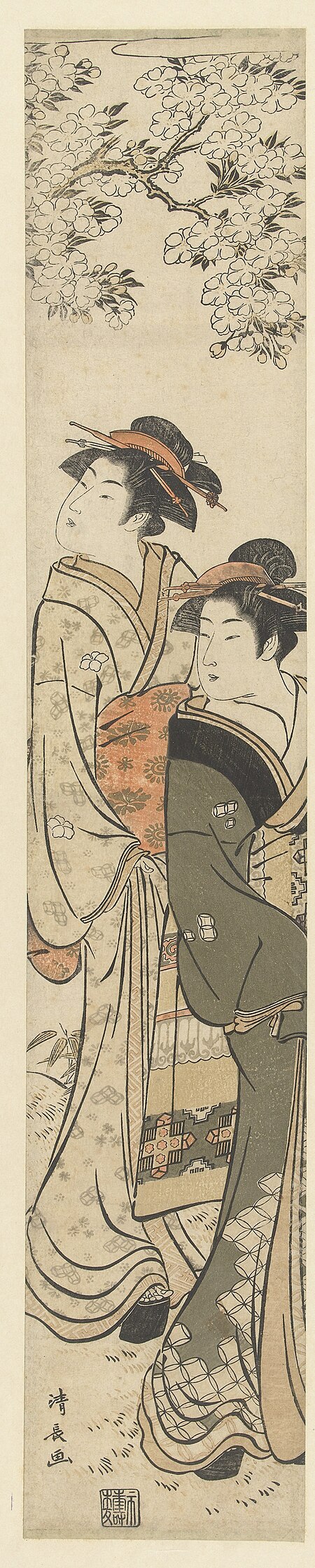 Two courtesans looking sideways under a blossoming cherry tree., Torii Kiyonaga, between 1779 and 1783