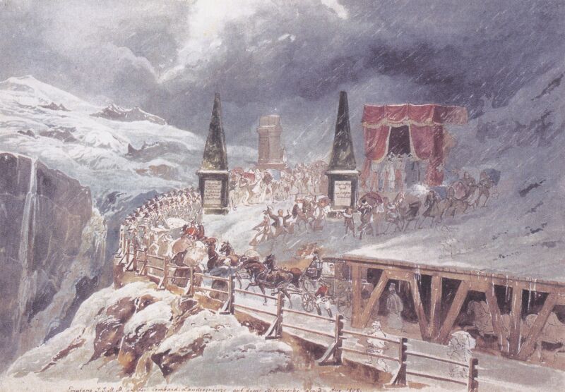 Crossing the Stilfser Joch - "Reception of IIMM at the Lombardy border on the Stilfser Joch on August 24, 1838", Eduard Gurk