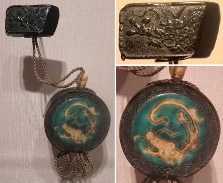 Ogawa Haritsu, inro and netsuke in the shape of a Chinese ink cake and ojime in the shape of a mask, Japan, Edo period, 1716, HAA