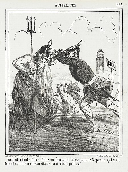 Wanting at all costs to make a Prussian of this poor Neptune who defends himself like a handsome devil, however godly he is., Amédée de Noé, 1865