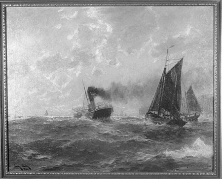 A paddle steamer and two smacks at a harbour head, Erwin Carl Wilhelm Günter