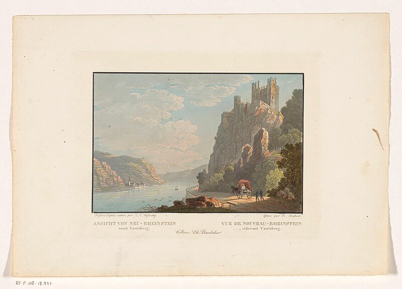 Gezicht op de burcht Rheinstein Ansicht von Neu-Rheinstein sons Vautsberg Vue de Nouveau-Rheinstein cidevant Vautsberg (titel op object), RP-P-OB-13.251, Rudolf Bodmer, between 1832 and 1872