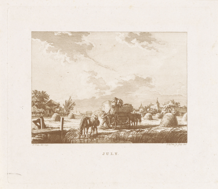 Twee boeren oogsten hooi July (titel op object) De twaalf maanden (serietitel), RP-P-1904-2232, Jacob Cats, 1806 en/of 1807