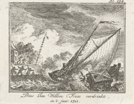 Prins Johan Willem Friso verdrinkt bij Moerdijk, 1711 Prins Jan Willem Friso verdrinkt, in 't jaar 1711 (titel op object), RP-P-OB-83.337, Simon Fokke, between 1756 and 1758