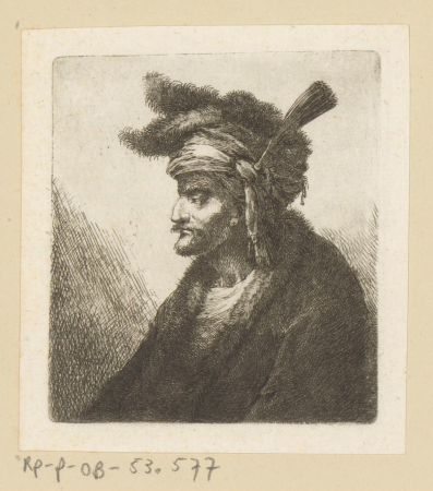 Man met muts met veren en pluim en profile, RP-P-OB-53.577, Johann Andreas Benjamin Nothnagel, 1776