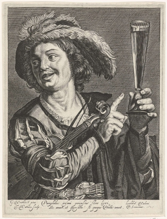 Man wijst naar glas in linkerhand, Theodor Matham, after Gerard van Honthorst, 1627, RP-P-BI-5571X, Theodor Matham