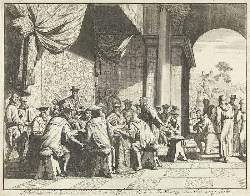 Alva zit de Spaanse Bloedraad voor, 1567 Afbeeldinge van de Spaansche Bloedraad in den Jaare 1567 door den Hartog van Alva aangestelt (titel op object), RP-P-1998-621, Jan Luyken, between 1677 and 1679