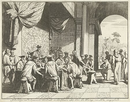 Alva zit de Spaanse Bloedraad voor, 1567 Afbeeldinge van de Spaansche Bloedraad in den Jaare 1567 door den Hartog van Alva aangestelt (titel op object), RP-P-1998-621, Jan Luyken, between 1677 and 1679