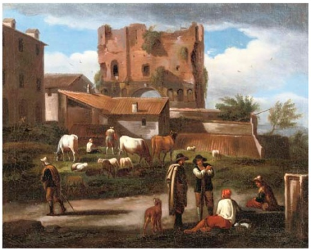 Figures conversing along a path with cattle grazing, the triumphal Arch of Janus Quadrifrons, Rome, in the background, Norbert van Bloemen, between 1690 and 1746