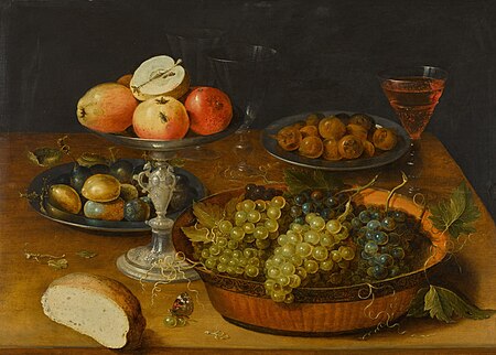 Still life of grapes in a dish, apples in a silver tazza and hazelnuts and medlars on pewter plates, on a wooden table, Osias Beert, between 1608 and 1612