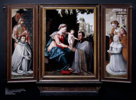 Cartouche with inscription on the edge and the motto of Johannes de Visscher van der Gheer: reed stems that bend but do not break in the waves; the arms of De Visscher, bastard branch Culenborg and Van de Leck, Jan van Scorel, between 1555 and 1570