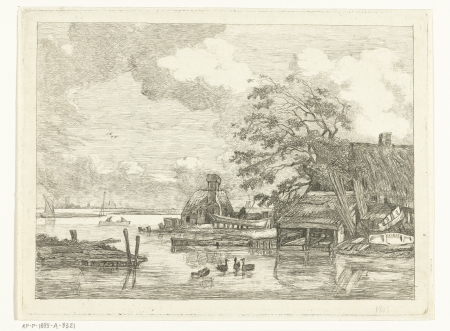Gezicht op het Spaarne met scheepstimmerwerf en washuis bij Haarlem, RP-P-1885-A-8321, Albertus Brondgeest, between 1796 and 1849