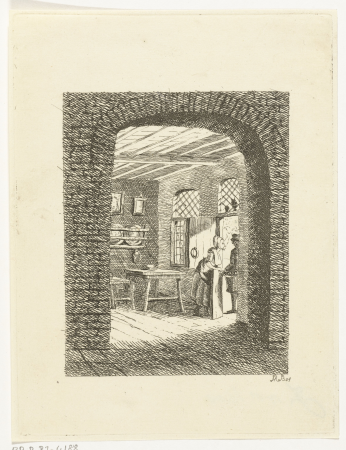 Doorkijkje met man en vrouw pratend bij de deur, RP-P-BI-4188, between 1778 and 1838