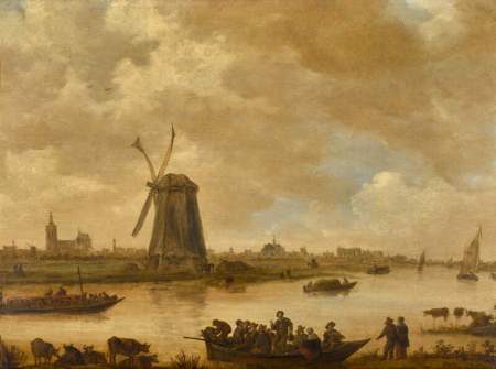 A view of The Hague from the south-east, seen from across a canal, with a trekschuit to the left, a windmill in the centre, and a merry company in a rowingboat in the foreground, Jan van Goyen