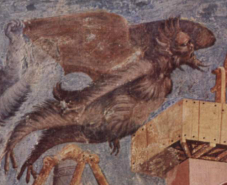 Fresco cycle on the life of St. Francis of Assisi, scene: The expulsion of the devils from Arezzo, detail: devils over the city landscape, Giotto, 1296-1298