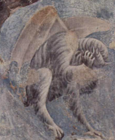 Fresco cycle on the life of St. Francis of Assisi, scene: The expulsion of the devils from Arezzo, detail: devils over the city landscape, Giotto, 1296-1298