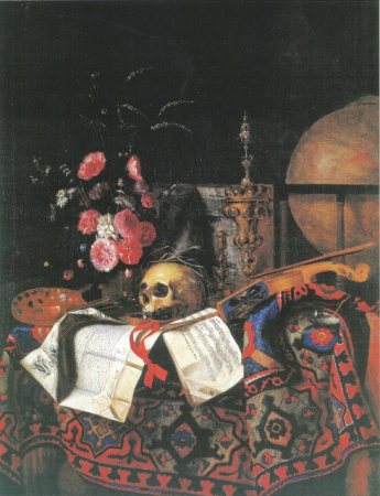 Vanitas still life with bouquet of flowers, painters palette, globe, violin and acorn cup, Cornelis Norbertus Gijsbrechts, between 1659 and 1675