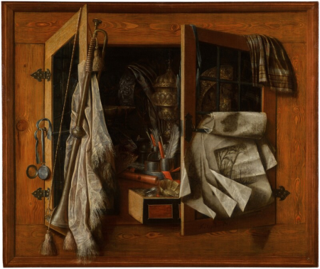 A trompe-l’œil still life of a half-open cupboard with gilded vessels, writing implements, a recorder, gold coins, a trumpet and drawings, in a painted frame, Franciscus Gijsbrechts