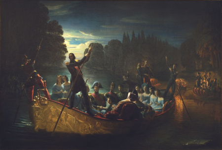 The Return by boat from the Château de Saint-Cloud to the Château de Neuilly of King Louis-Philippe surrounded by his family, depicted in the moonlight on the Seine, during the summer of 1840, Joachim Issarti, circa 1840