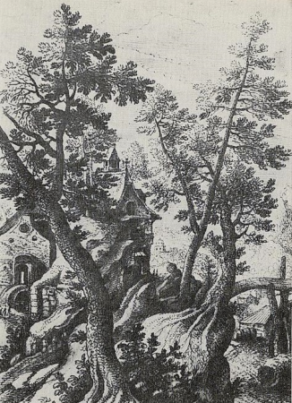 Wooded and mountainous landscape with stream and chapel., Pieter Stevens, 1590s