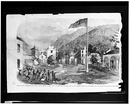 Harper's Ferry insurrection - the battle ground - Captain Alberts' party attacking the insurgents - view of the railroad bridge, the engine-house, and the village - from a sketch by our LCCN95522021, Frank Leslie, 1859
