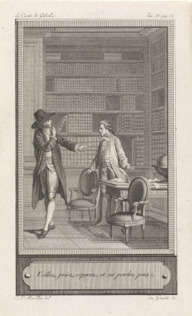 Twee mannen in conversatie Le Comte de Gabalis (titel op object), RP-P-1903-A-23149, 1786