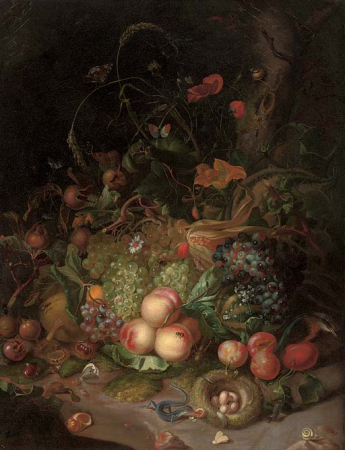 Apples, pears, grapes, corn, pomegranates, a birds nest with eggs, butterflies, a lizard and other insects in a wooded clearing, Rachel Ruysch, after 1716
