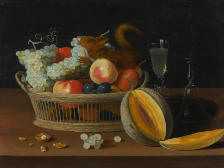 Still life with a basket of fruit and a squirrel, glasses, and a cut melon on a tabletop, Jacob van Es, between 1630 and 1650