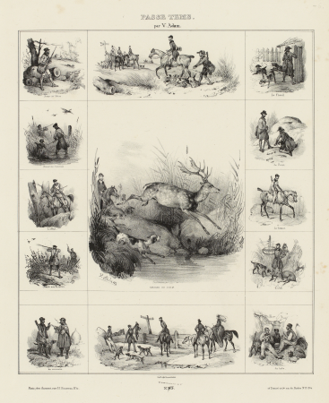 Passe tems. par V. Adam Chasse au lièvre. Le chenil. Chasse aux canards Chasse au daim. Le furet. L'affut., G.5638 (3 of 3), Victor Adam, En 1837