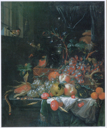 Fruit still-life in an interior near a window with a goldfinch, Abraham Mignon, 1770s