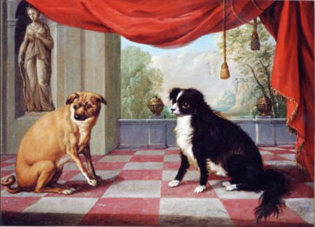 Two dogs seated on a terrace with a red curtain and a statue of Diana on a nich, Jan van Kessel the Younger, 1669 - 1708