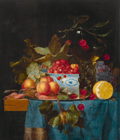 Still life with peaches, grapes, cherries, lemon and prawns on a table., Pieter de Ring, circa 1658