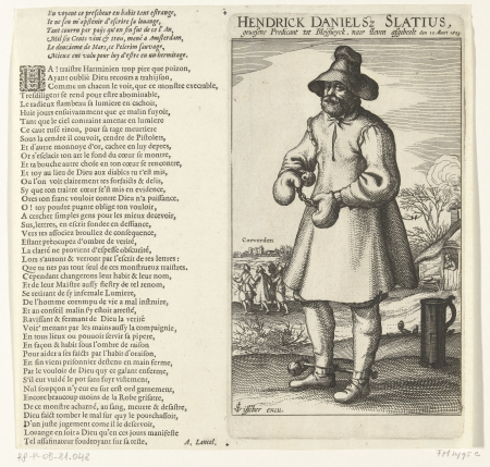 Henricus Slatius, met hand- en voetboeien, 1623 Hendrick Danielsz Slatius, gewesene Predicant tot Bleijswyck, naer t'leven afgebeelt den 12. Maert 1623 (titel op object), RP-P-OB-81.048