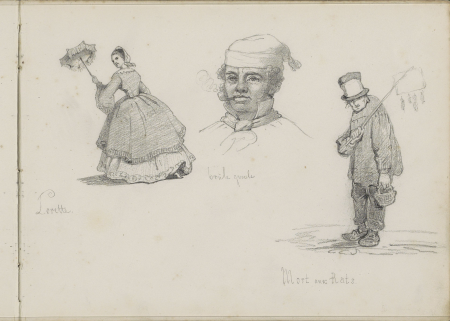 Vrouw met parasol, man met korte pijp en een rattengifverkoper, RP-T-2013-14-1-3(R), Gerrit Postma, 1858