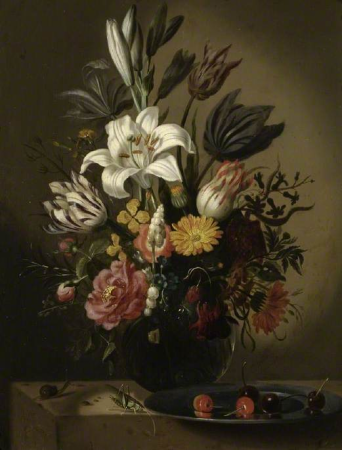 Vase of flowers and a pewter plate with cherries, with a grasshopper and a snail, on a stone ledge, Jacob Marrel, 1640