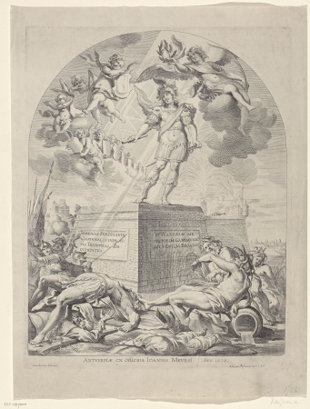 Frontispice met Ferdinand als Mars intocht van Ferdinand te Gent in 1635 (nr. 1) Frons libi, RP-P-OB-70.210, Cornelis Schut