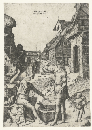 Apollo met Cupido bij Vulcanus, RP-P-OB-1879, Benedetto Montagna, between 1515 and 1520