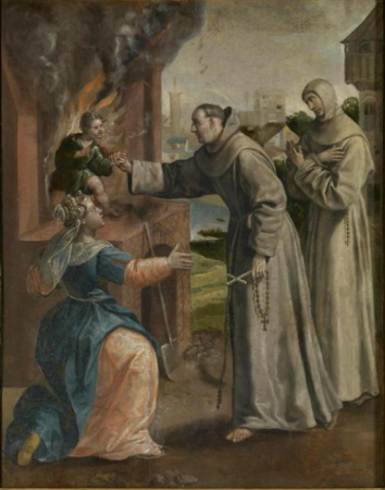 A boy hiding in an unlit oven is saved by Didacus after the fire in the oven is lit again, Maerten de Vos, between 1591 and 1600