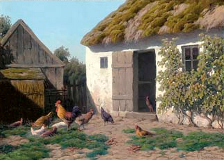 A cockerel and hens feeding in a farmyard., Carl Frederik Bartsch, between 1847 and 1908