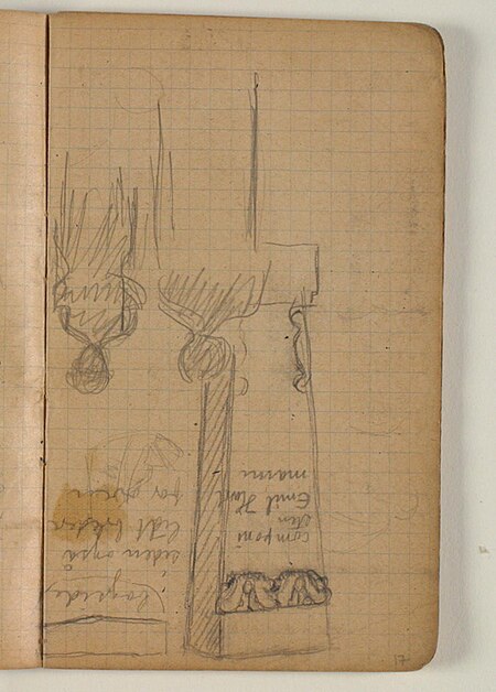 Sketches of columns with busts and tombstones, as well as notes, Niels Larsen Stevns, 1906