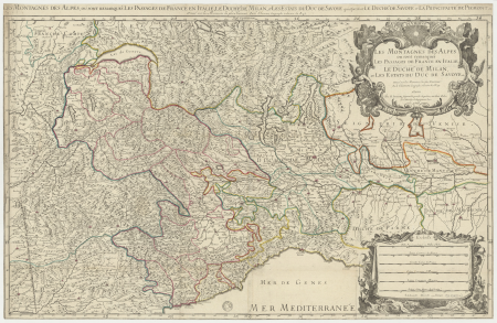 The Mountains of the Alps or the Passages of France into Italy are noted. The Duchy of Milan, and the Estates of the Duke of Savoy. Drawn up on the most Recent Memoirs / By Mr. Sanson, ..., 1708