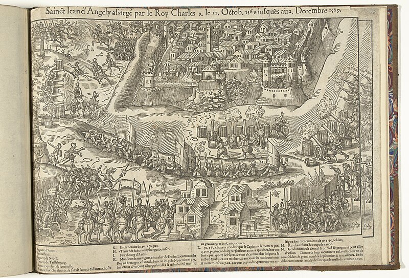 Beleg van Saint-Jean d'Angély, 1569 Sainct Jean d'Angely assiegé par le Roy Charles 9. le 14. Octob. 1569. jusques au 2. Decembre 1569 (titel op object), RP-P-OB-78.770-56, 1570