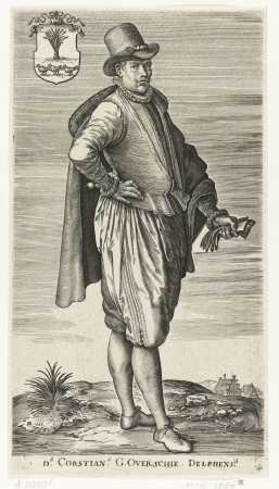 Portret van de astroloog Corstianus G. Overschie D.s Corstian.s G.Overschie Delphens.s (titel op object), RP-P-OB-67.103, Johannes Wierix, 1579