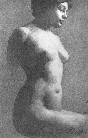 Charcoal Drawing of Female Torse, Separating Front From Side Through Strong Light and Shade, John Vanderpoel