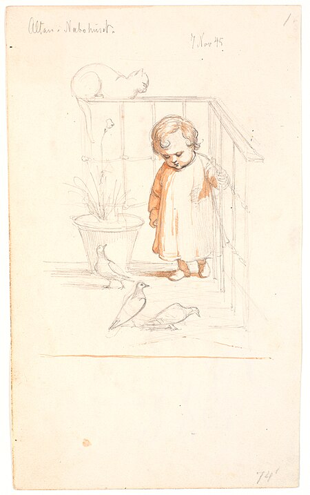 Scene on a balcony. Little boy watching some pigeons. On the railing in the background a curled up cat, Johan Lundbye, 1845