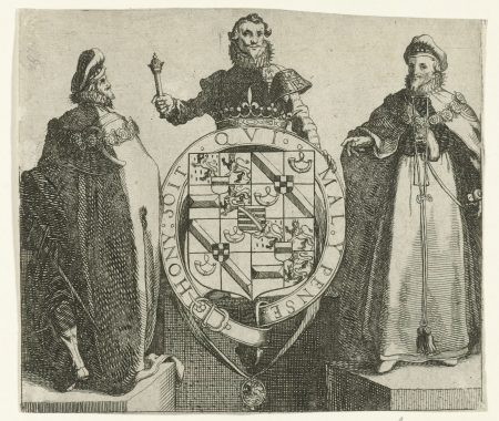 Herald with the coat of arms of Maurice decorated with a garter and motto, on either side a knight of the order in full costume seen from the front and from the back, Simon Frisius, 1613