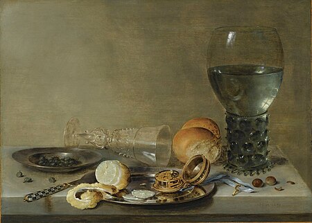 Willem Claesz Heda - Still life of roemer and a façon de Venise glass, lemon, watch and capers on pewter plates, together with knife, bread and hazelnuts, Willem Claesz. Heda, 1630