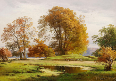 View from Jægersborg Dyrehave with deer., Carl Frederik Aagaard, 1879